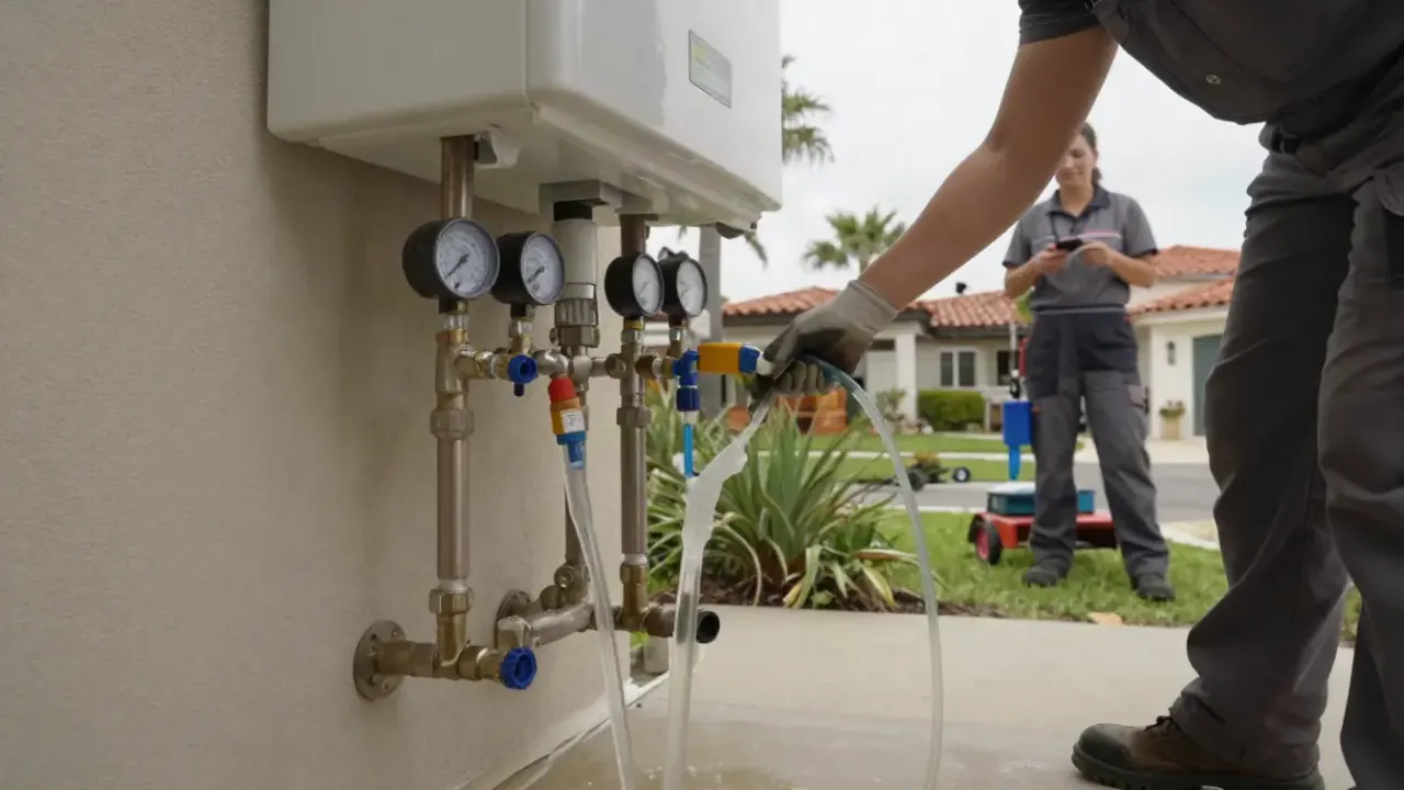 Tankless Water Heater in Newport Beach, California: close-up of a specialized tankless descaling pump circulating solution