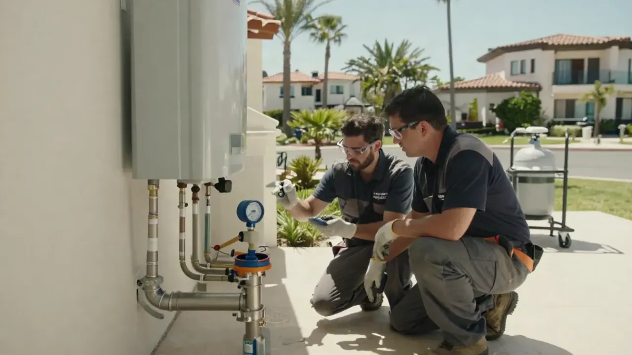 Tankless Water Heater in Newport Beach, California: licensed plumber discussing work details with a homeowner on a sunlit