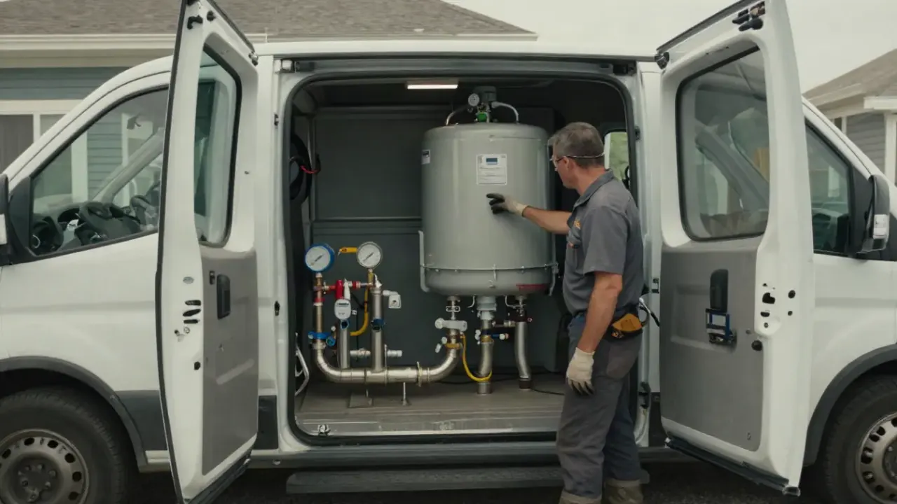 Tankless Water Heater in Newport Beach, California: well-maintained service van with various plumbing tools and equipment