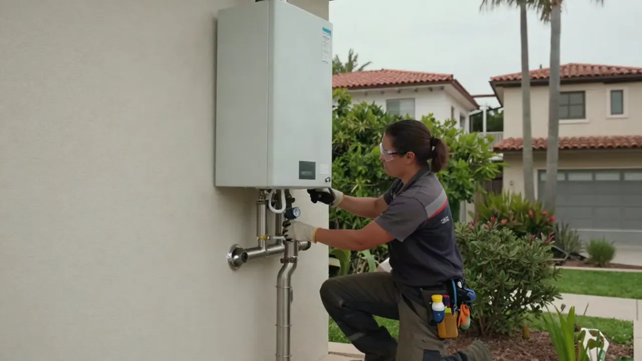 Tankless Water Heater Installation in Newport Beach, California: licensed plumber installing the stainless steel exhaust